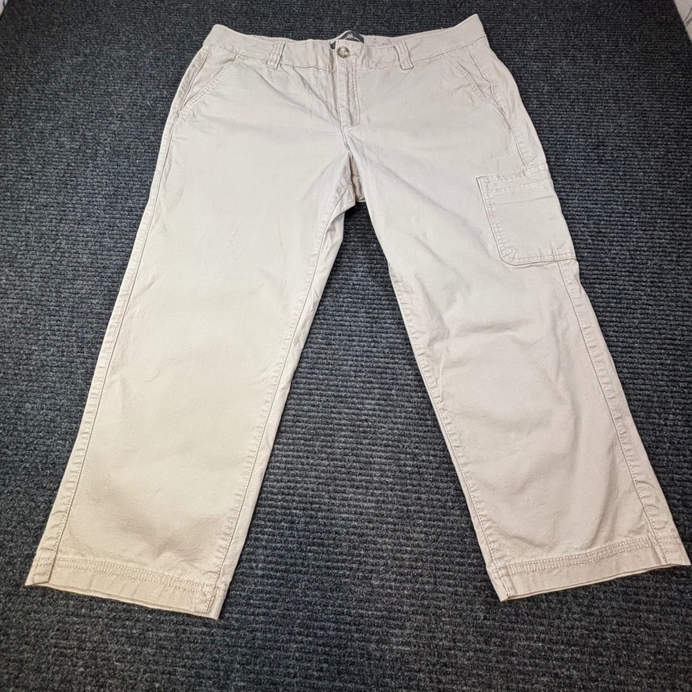Eddie Bauer Womens Khaki Cargo Crop Pants Tan Cotton Stretch Sz 16 Straight Leg - Picture 1 of 5
